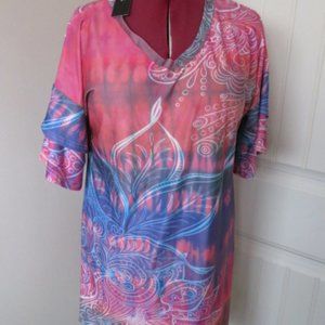 NWT LILY Ruffle Sleeve Tunic Pink Coral Blue XL (K174)